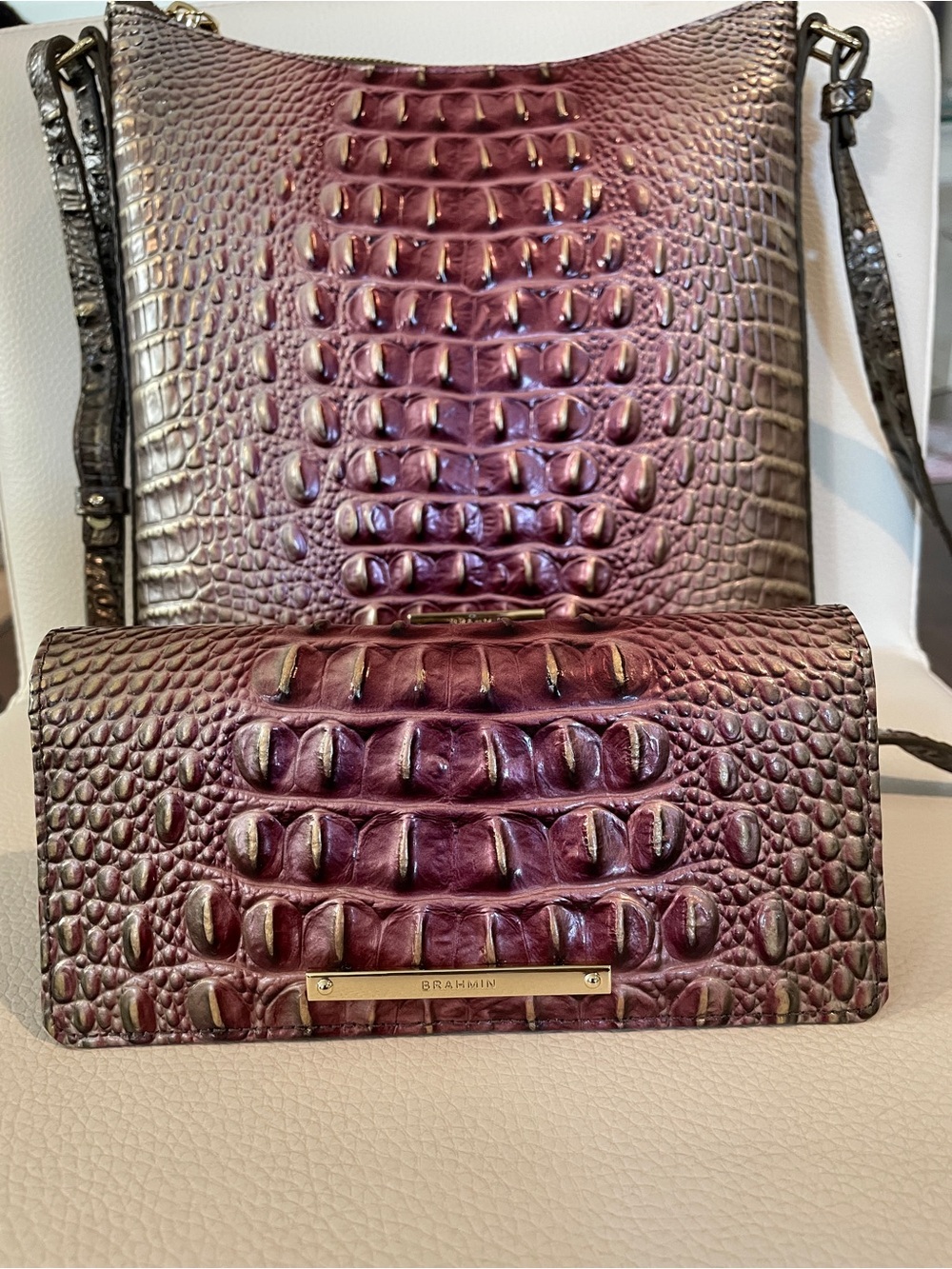 Brahmin Fig Jam Ombré Croc-Embossed Leather Crossbody with Matching Ady Wallet